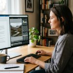 Home office professional working across multiple free software windows on a large desktop monitor