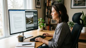Home office professional working across multiple free software windows on a large desktop monitor