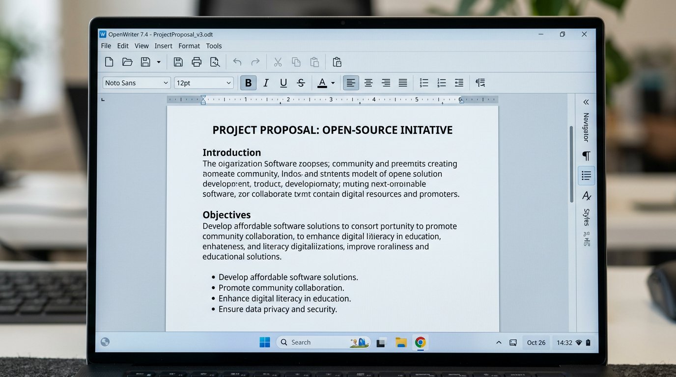 LibreOffice Writer document editor open on Windows 11 monitor showing word processing interface