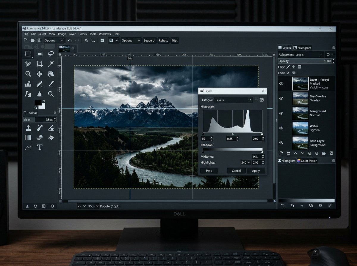 GIMP photo editing software dark interface showing layers panel and photo manipulation tools on screen
