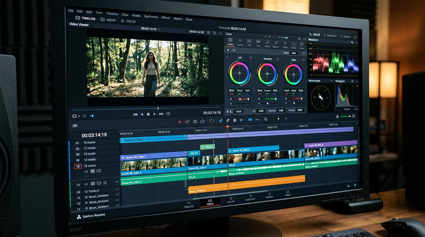 DaVinci Resolve video editing timeline interface showing color grading panel and professional video tracks