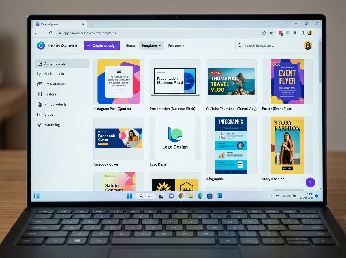 Canva free graphic design browser interface showing template grid and drag-and-drop design tools