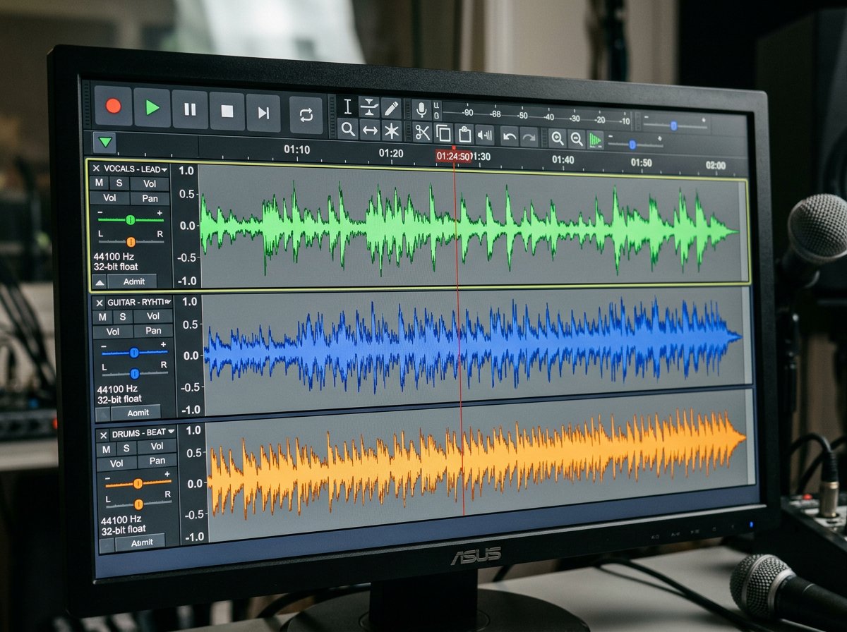 Audacity audio waveform editing interface showing multiple tracks and recording timeline on Windows