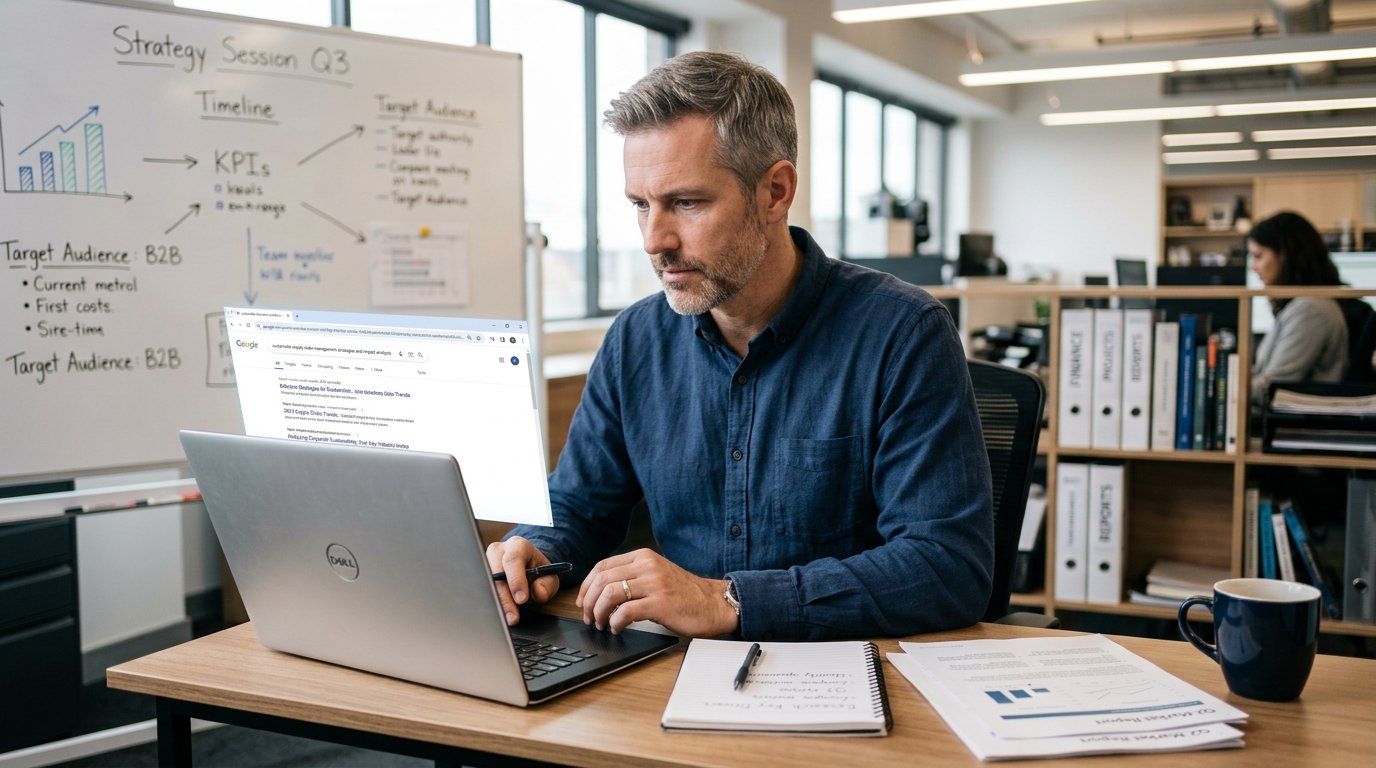 Small business owner using advanced Google search on laptop to research competitors and find business documents