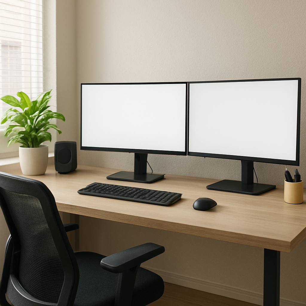 A well-lit, modern home office setup with a dual monitor display and ergonomic chair