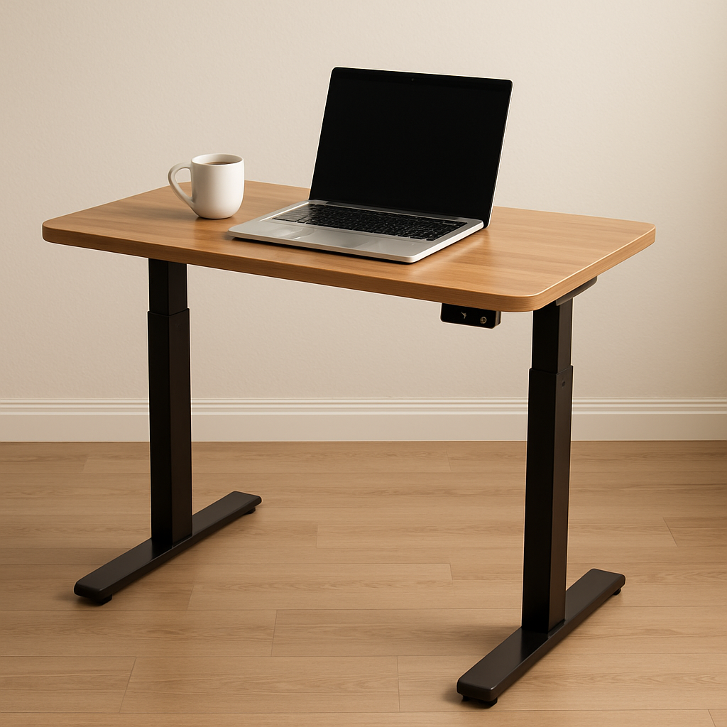 A height-adjustable standing desk with a laptop and a cup of coffee