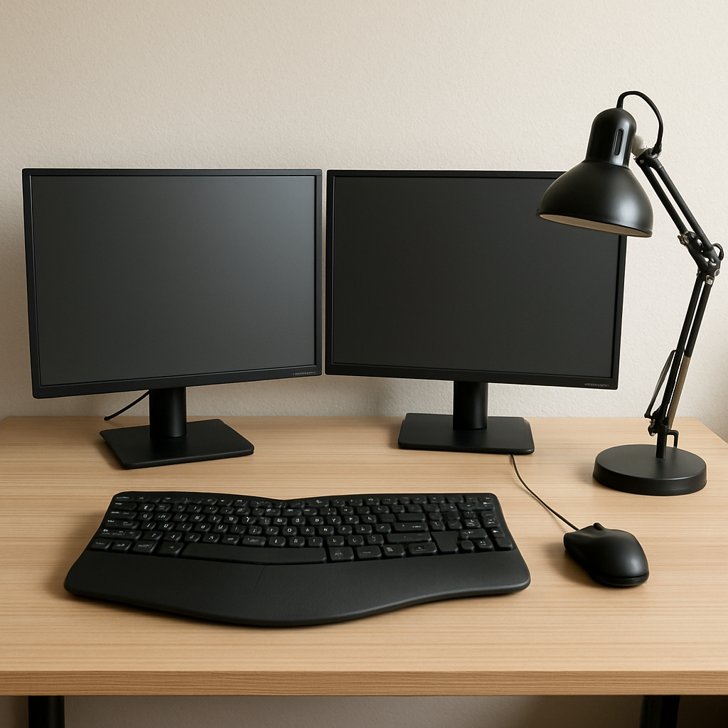 A desk featuring a dual monitor setup, an ergonomic keyboard, and a stylish task lamp