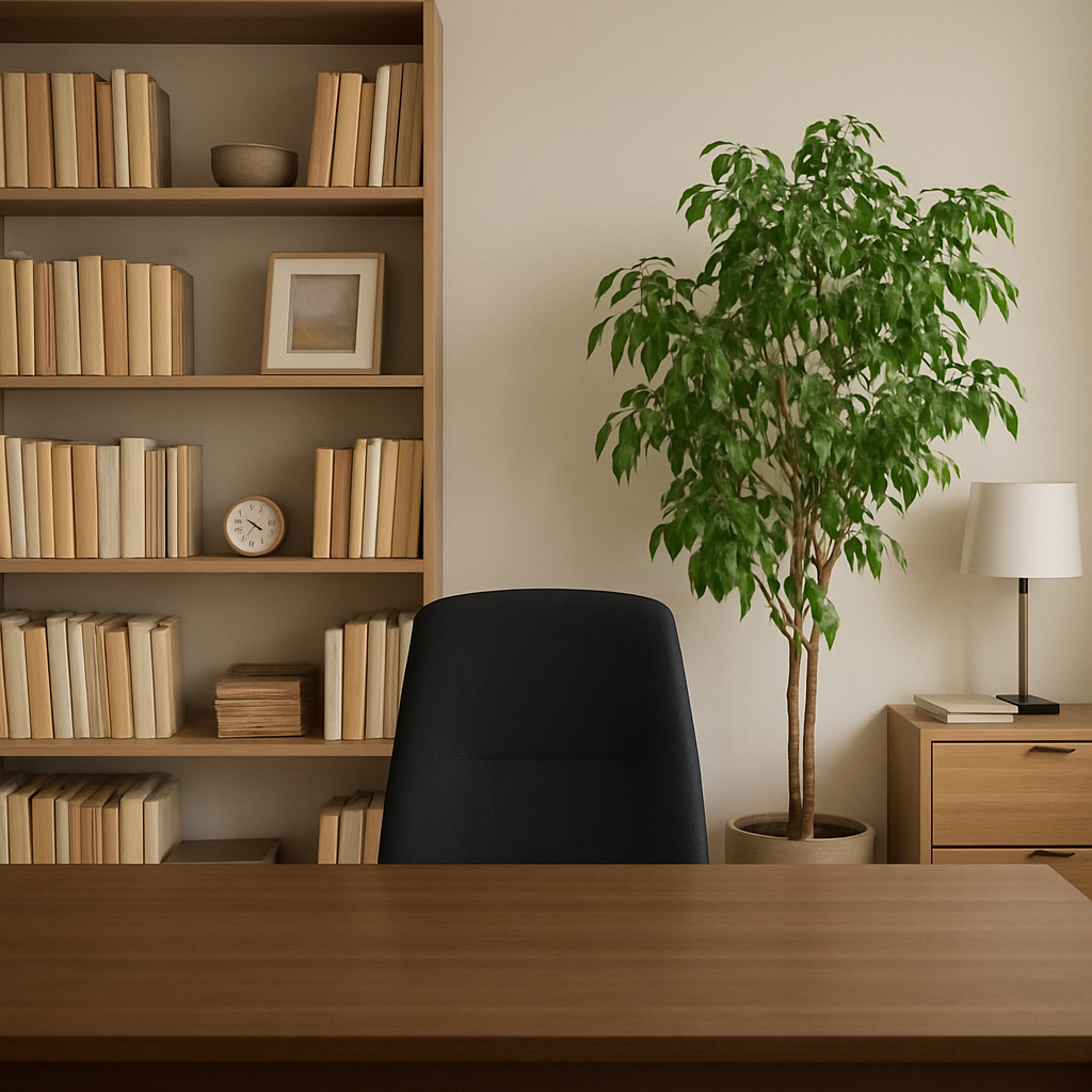 A professional home office background featuring a neat bookshelf and a potted indoor plant