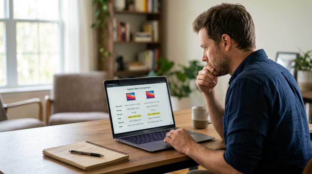 Person comparing laptop specs on screen trying to decide how much RAM they need
