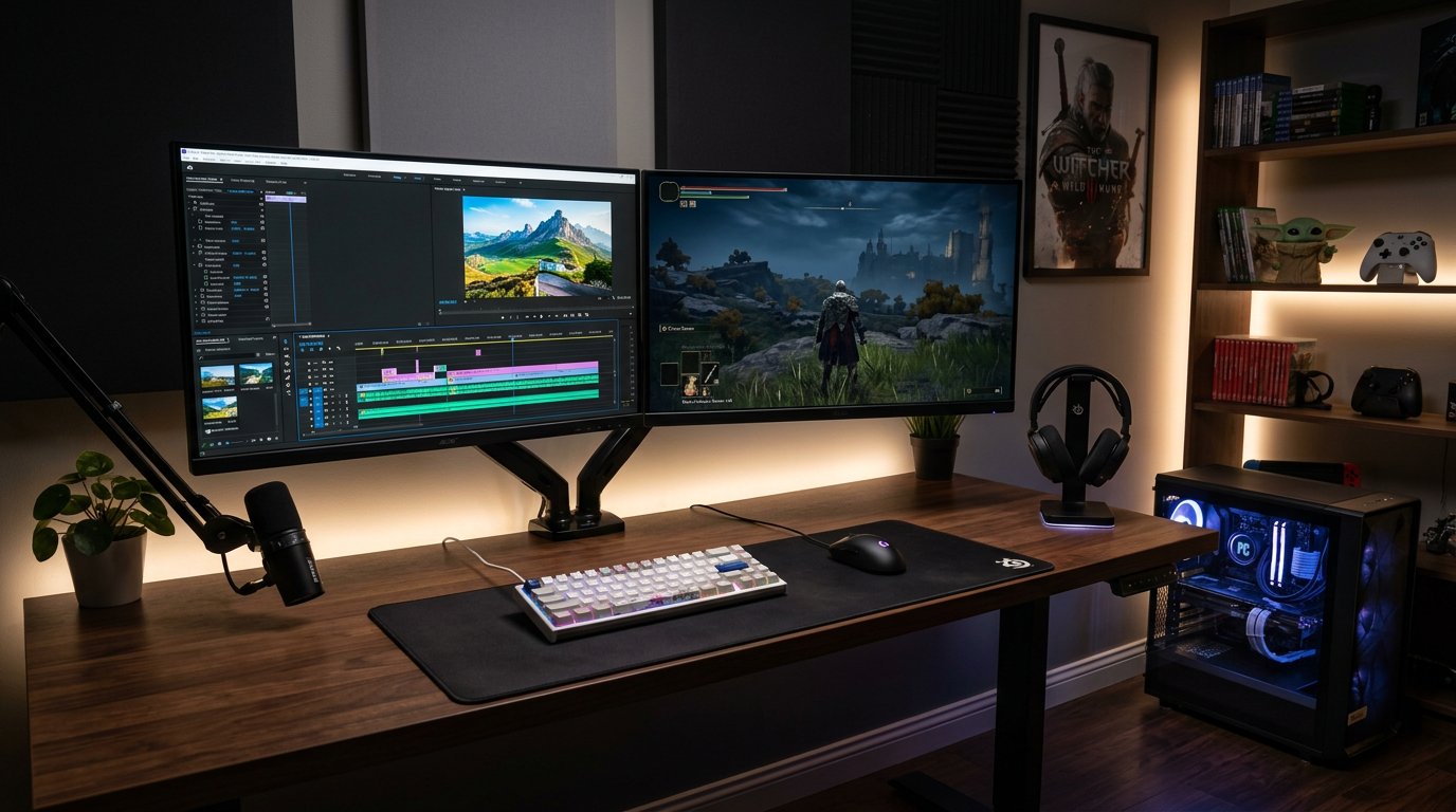Dual monitor gaming and content creation PC setup representing 32GB RAM use case