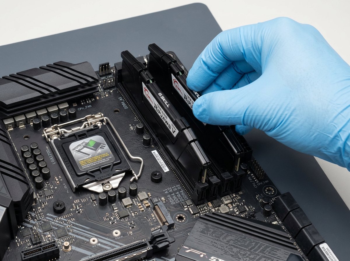 Close-up of two RAM sticks being installed into desktop PC motherboard slots
