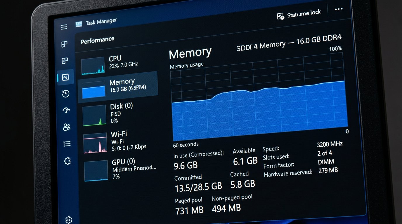 Windows 11 Task Manager Performance tab showing RAM memory usage graph and statistics