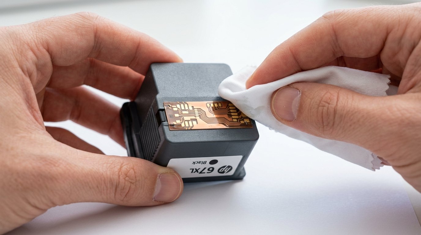 Cleaning HP ink cartridge copper contacts with lint-free cloth to fix cartridge not recognized error
