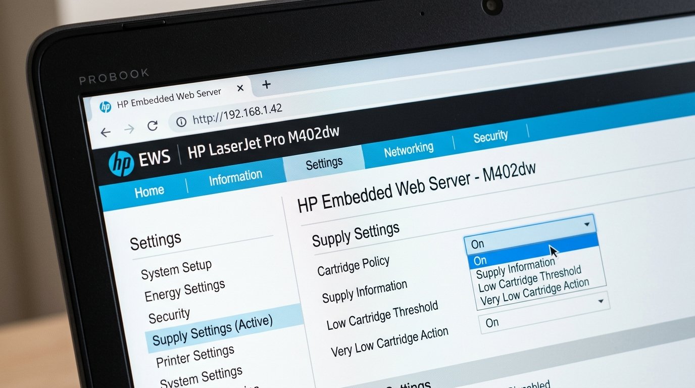 HP Embedded Web Server browser interface showing Cartridge Policy supply settings to disable HP Dynamic Security