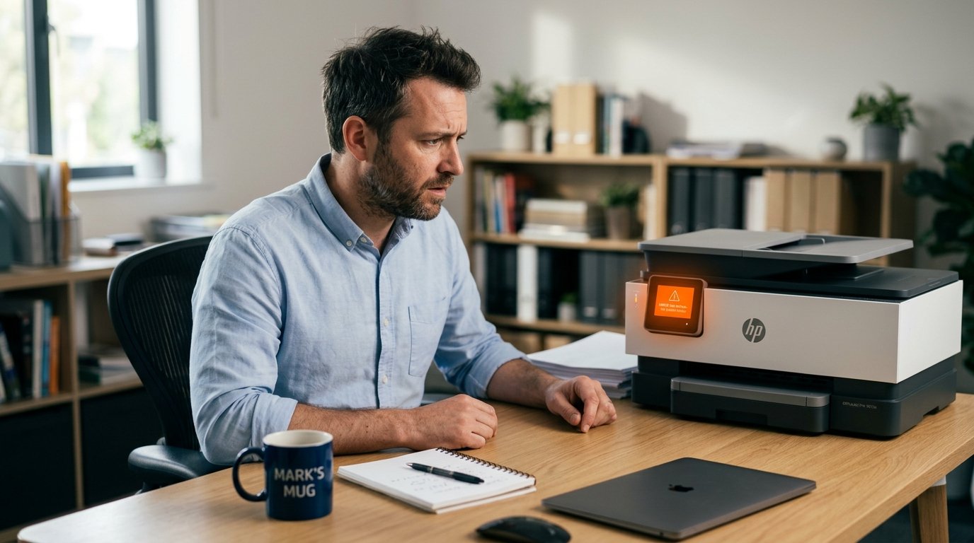 HP OfficeJet printer showing cartridge error message on control panel in office setting