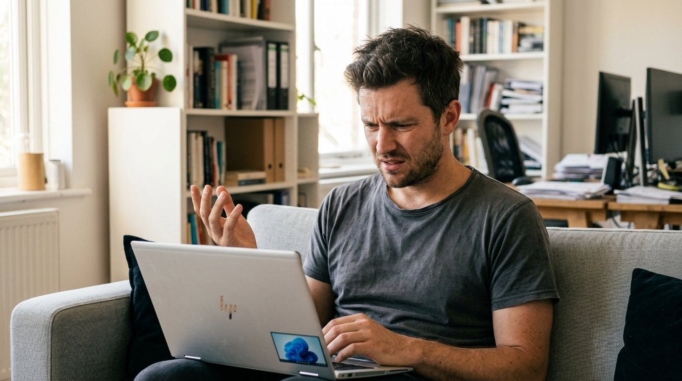 Man on couch frustrated by laptop running slow on battery power