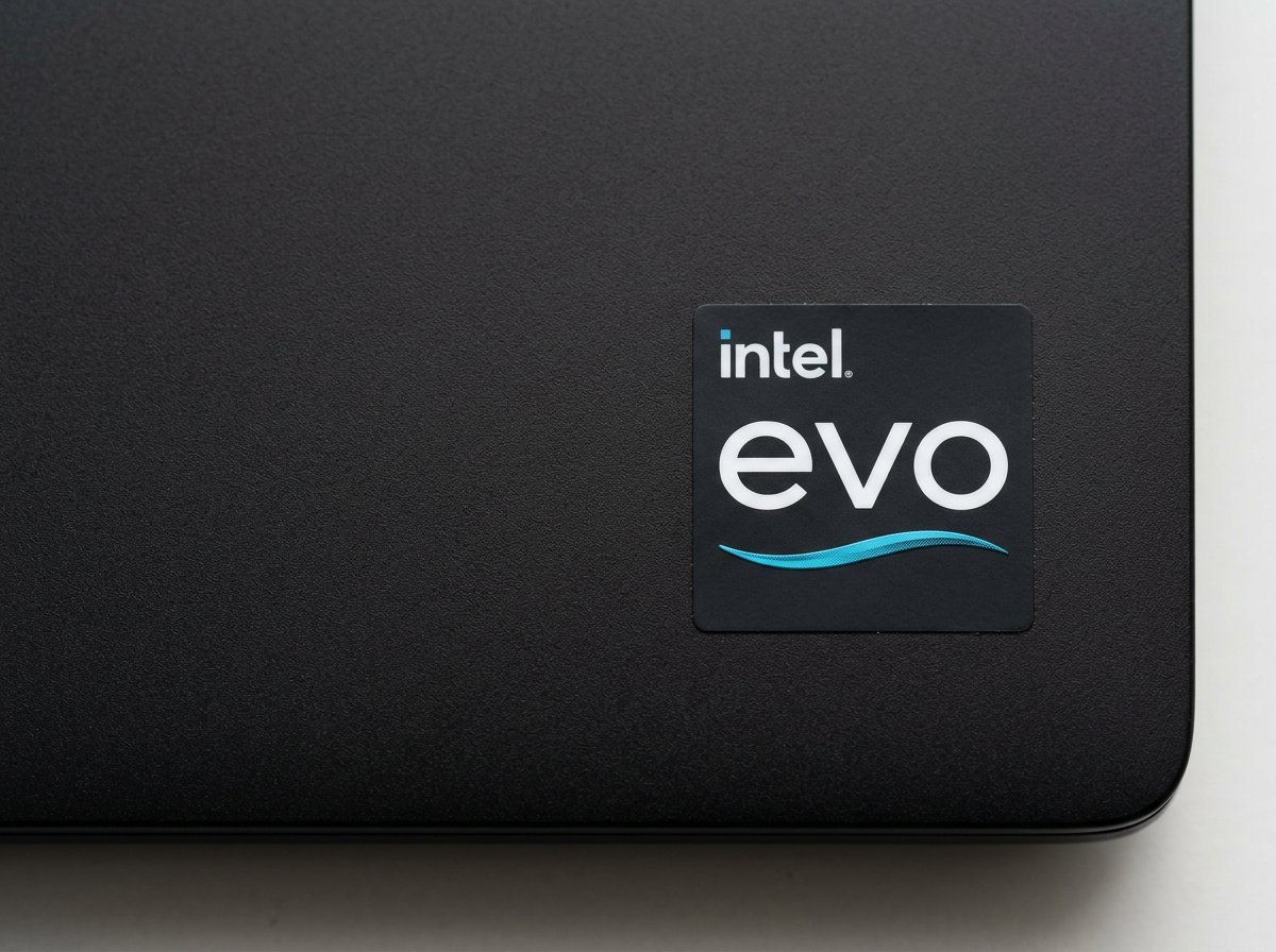 Intel Evo certification badge sticker on laptop lid — certifies instant wake all-day battery and Thunderbolt 4
