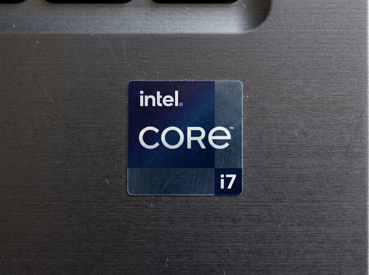 Intel Core i7 processor badge sticker on laptop — for heavy workloads video editing and multitasking