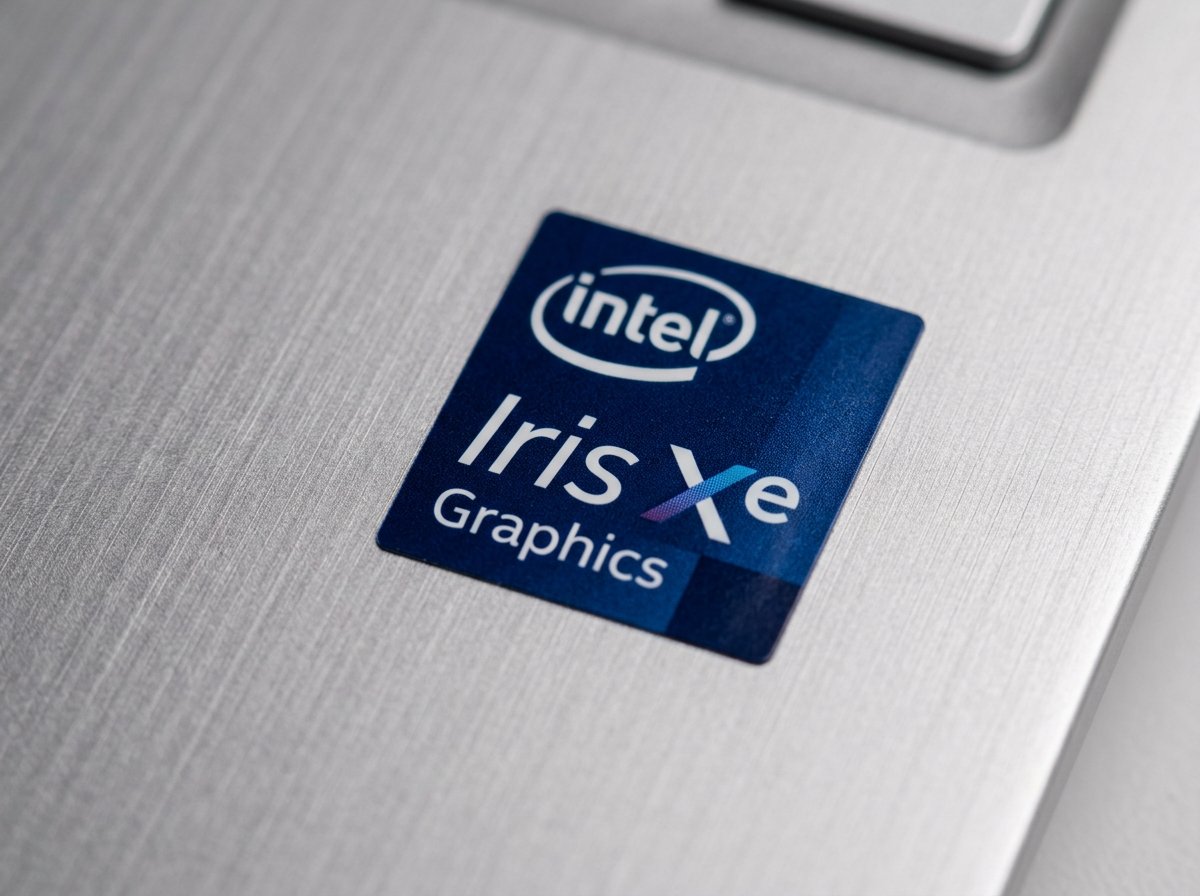 Intel Iris Xe integrated graphics badge on laptop — battery-friendly integrated GPU for everyday use