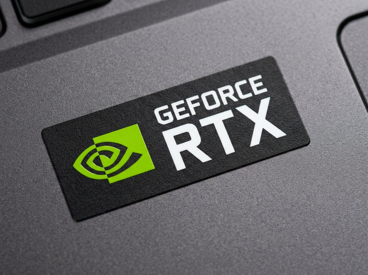 NVIDIA GeForce RTX badge sticker on gaming laptop — dedicated GPU for gaming video editing and 3D work