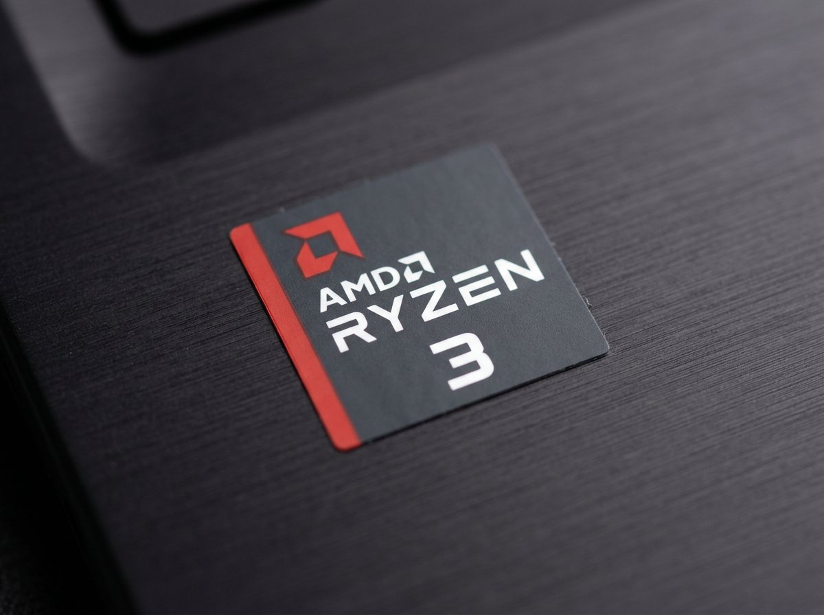 AMD Ryzen 3 processor badge sticker on laptop — entry level AMD badge for everyday computing