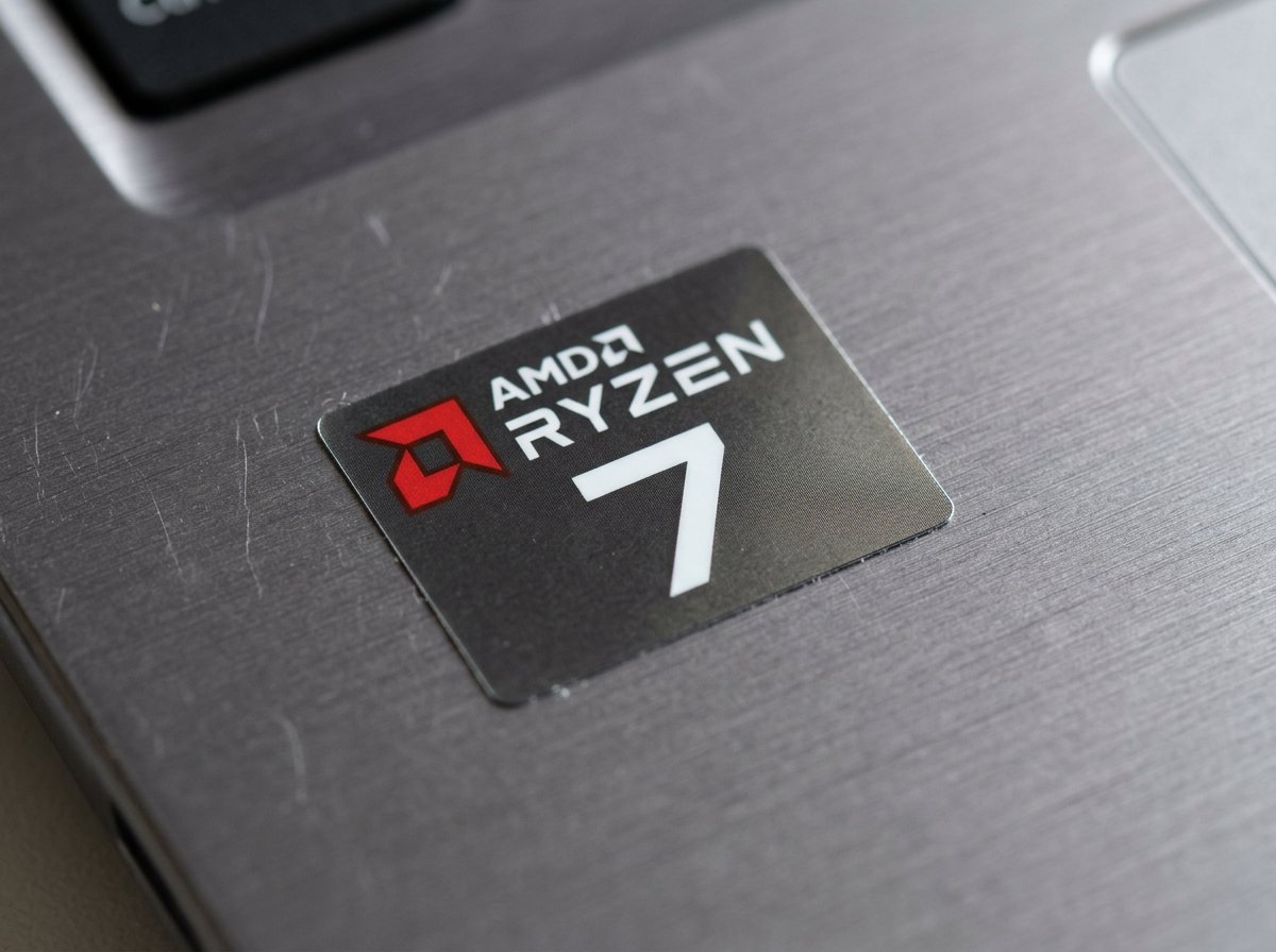 AMD Ryzen 7 processor badge sticker on laptop — for creators video editors and power users