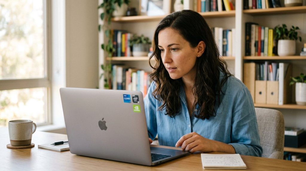 Woman examining laptop tech sticker badges at a modern home office desk before buying