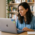 Woman examining laptop tech sticker badges at a modern home office desk before buying
