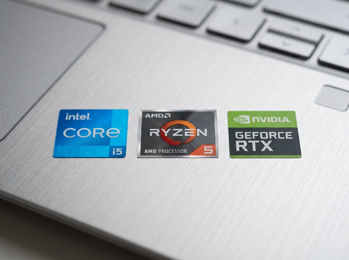 Close-up of laptop palm rest showing Intel Core i5 AMD Ryzen and GPU certification badge stickers
