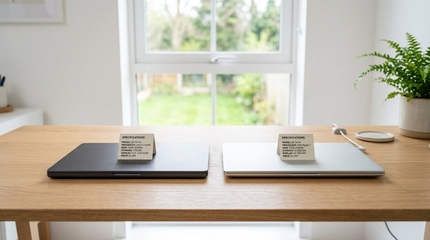 Two laptops side by side on desk showing different processor badge stickers for comparison