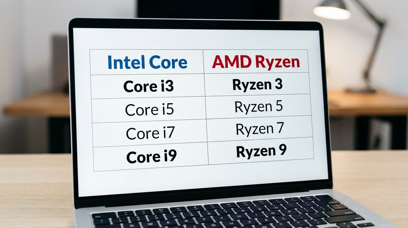 Laptop screen displaying processor tier comparison table Intel Core versus AMD Ryzen performance chart