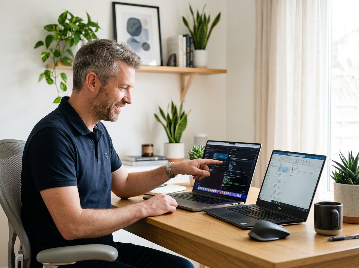 IT professional in Charlotte NC home office helping client compare two open laptops on desk