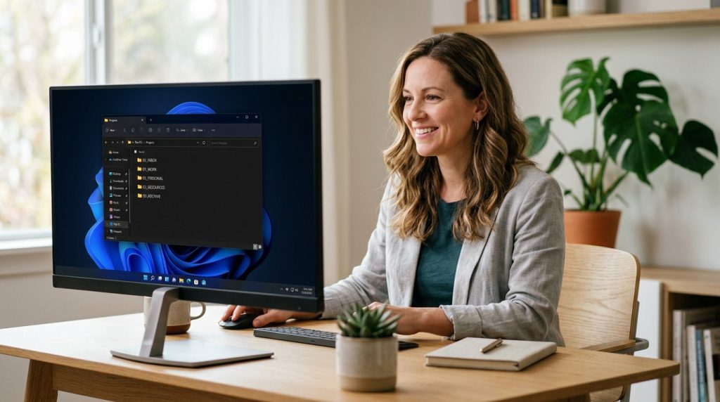 Home office professional at organized desk with File Explorer showing neat folder structure on Windows 11