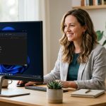Home office professional at organized desk with File Explorer showing neat folder structure on Windows 11