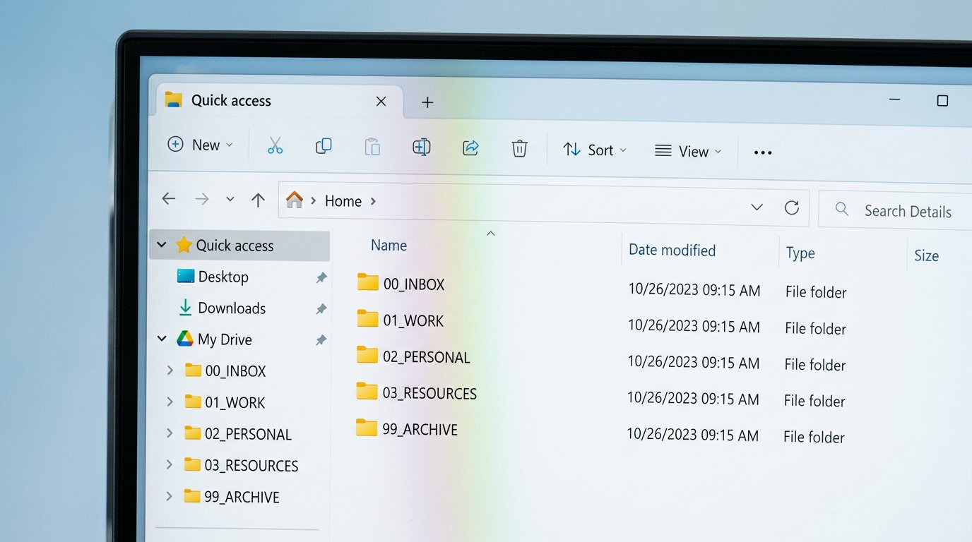 Windows File Explorer showing organized folder structure with 00_INBOX 01_WORK 02_PERSONAL 03_RESOURCES 99_ARCHIVE