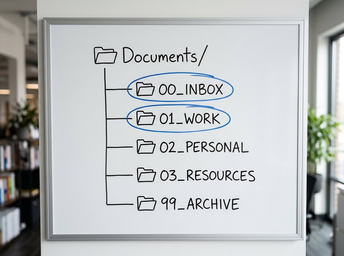 Diagram of 5-folder file organization system showing 00_INBOX 01_WORK 02_PERSONAL 03_RESOURCES 99_ARCHIVE hierarchy on whiteboard
