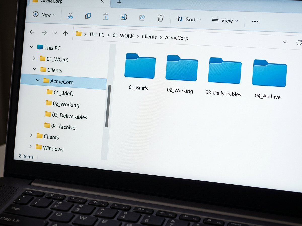 Windows File Explorer showing 01_WORK client subfolder structure with 01_Briefs 02_Working 03_Deliverables 04_Archive folders