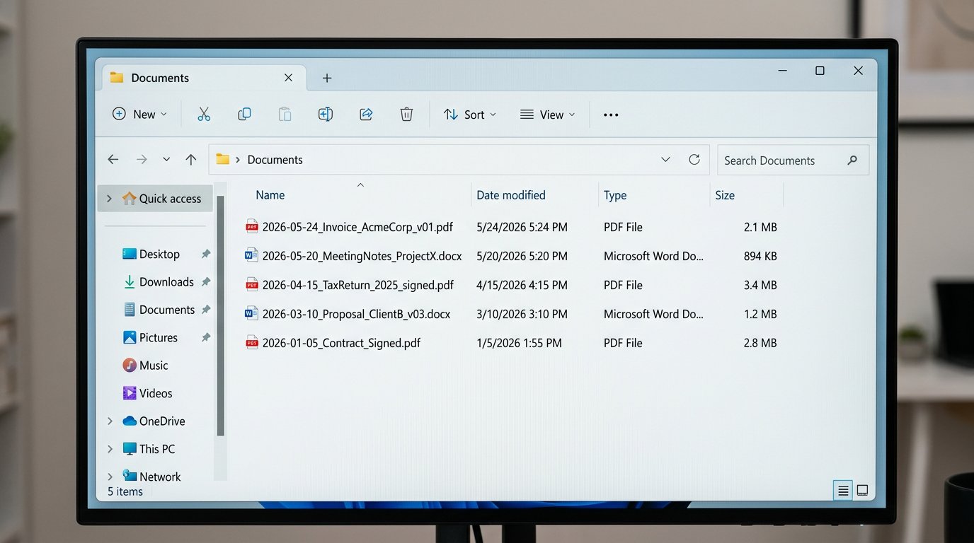 Computer screen showing YYYY-MM-DD file naming convention with example invoice and proposal files dated 2026