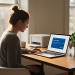 Person looking at laptop screen showing printer offline error in Windows 11, wireless printer on desk in home office background