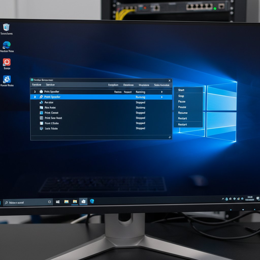 Windows Services panel showing Print Spooler service highlighted with restart option on computer screen