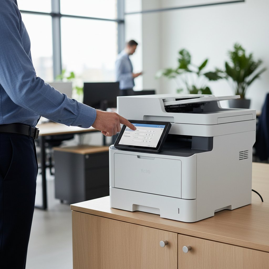 IT technician checking network settings on office printer touchscreen display showing IP address configuration