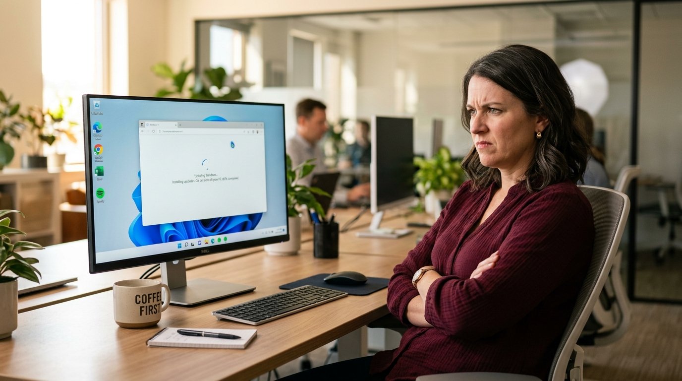 Woman at office desk frustrated by slow Windows 11 PC after a system update