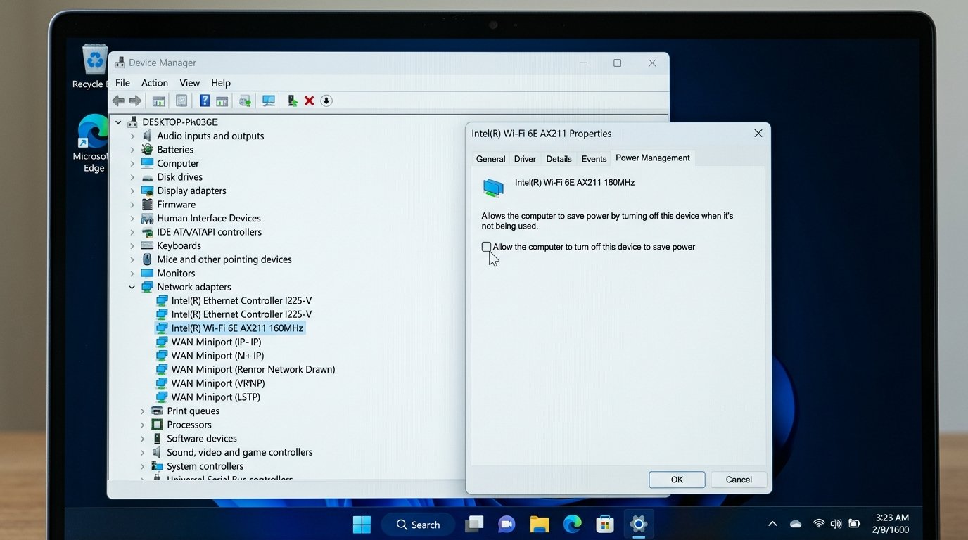 Windows 11 Device Manager showing Wi-Fi adapter Power Management settings to fix disconnection issue