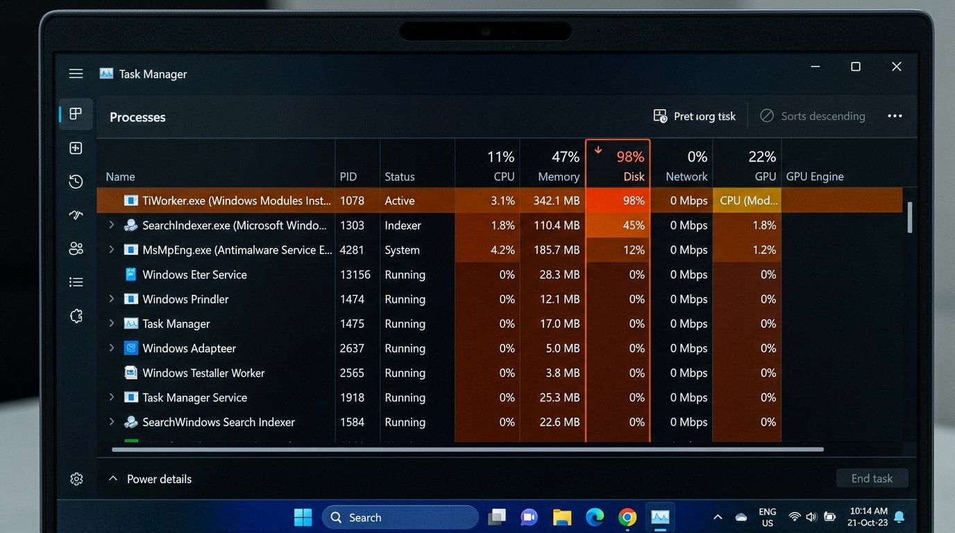 Windows 11 Task Manager showing TiWorker.exe high disk usage after Windows update