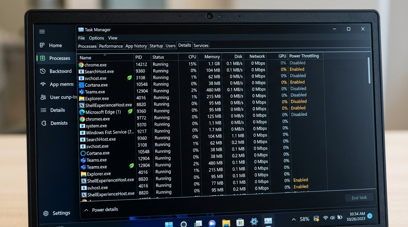 Windows 11 Task Manager showing Power Throttling column enabled for laptop background processes