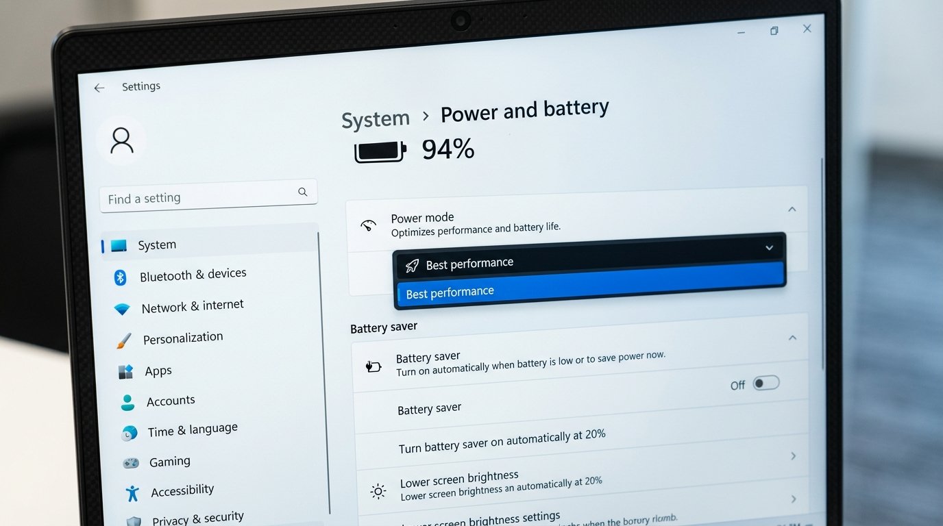 Windows 11 Power and battery Settings showing Best performance power mode selected