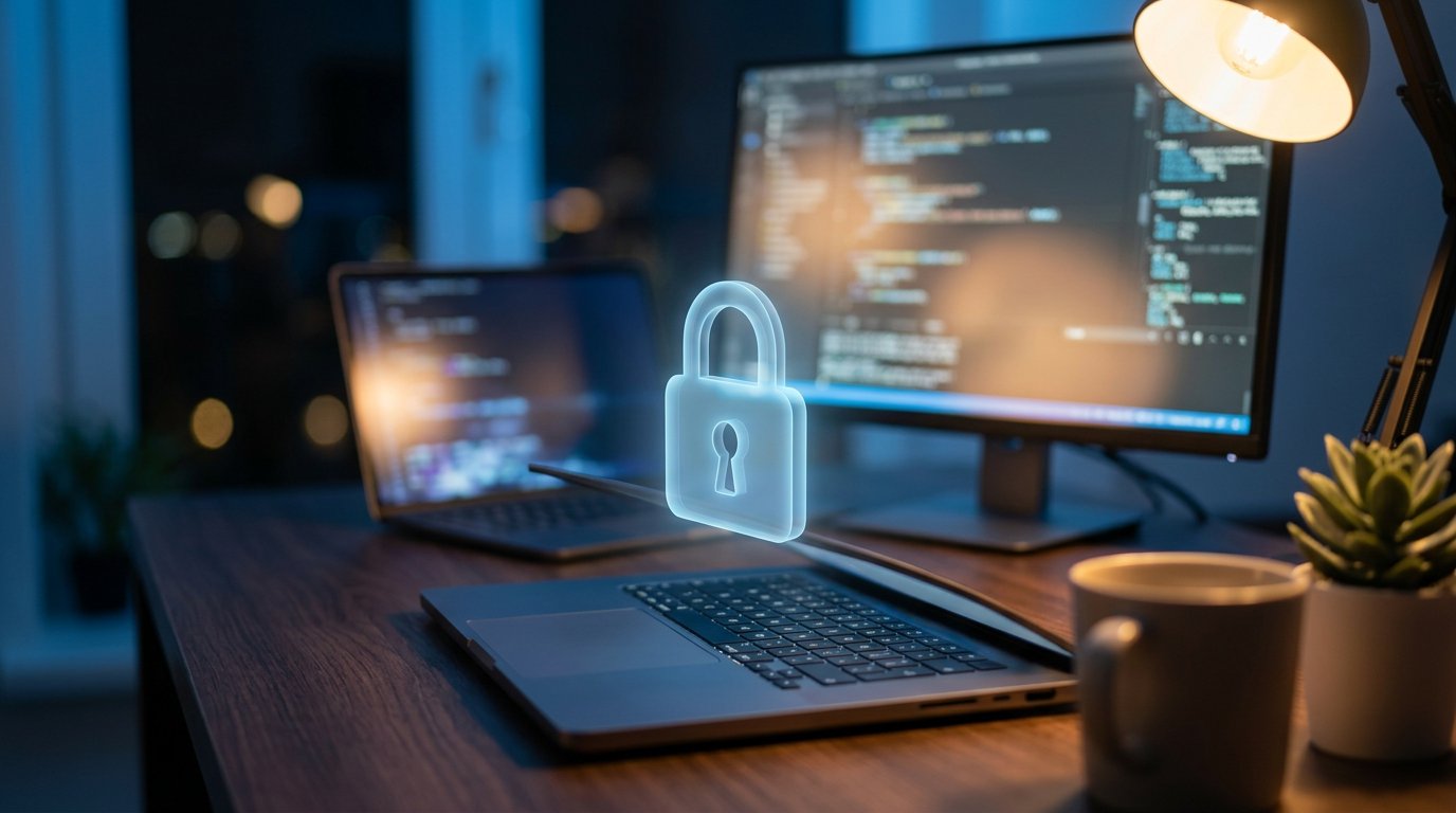 Laptop and monitor with a glowing padlock hologram, representing AI and cybersecurity risk