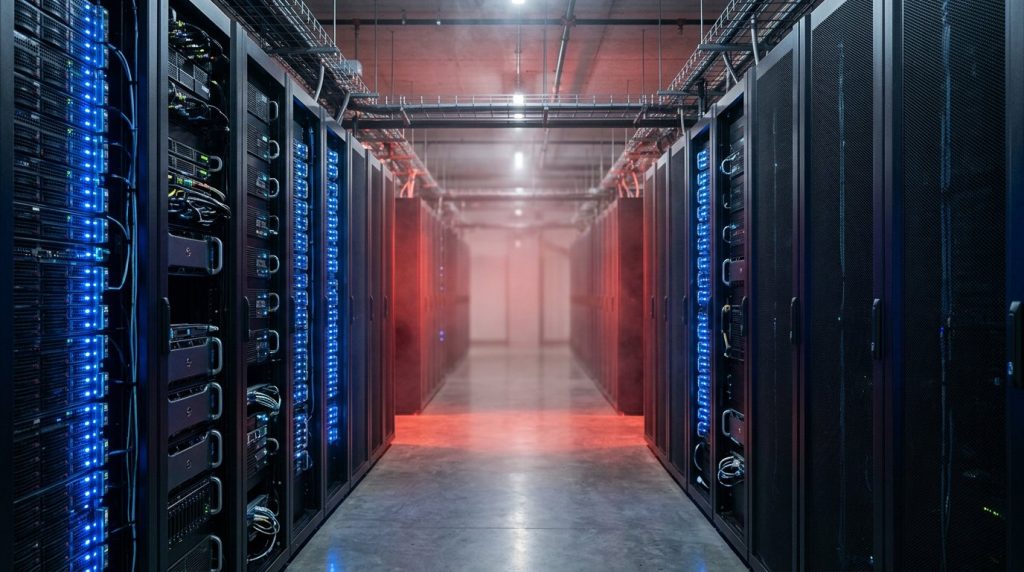 Data center server aisle with one section glowing red, illustrating suspended access to AI models