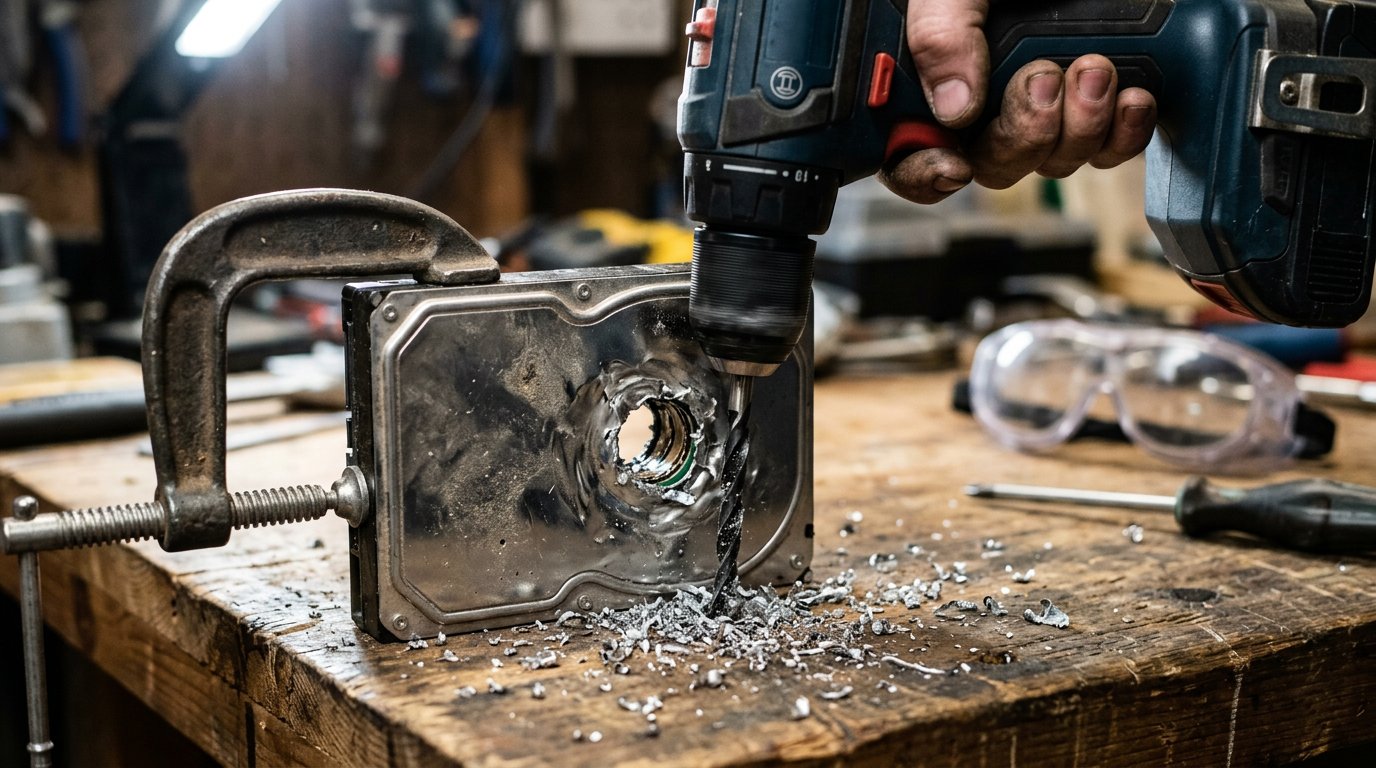 Drilling a hole through an old hard drive to physically destroy the data