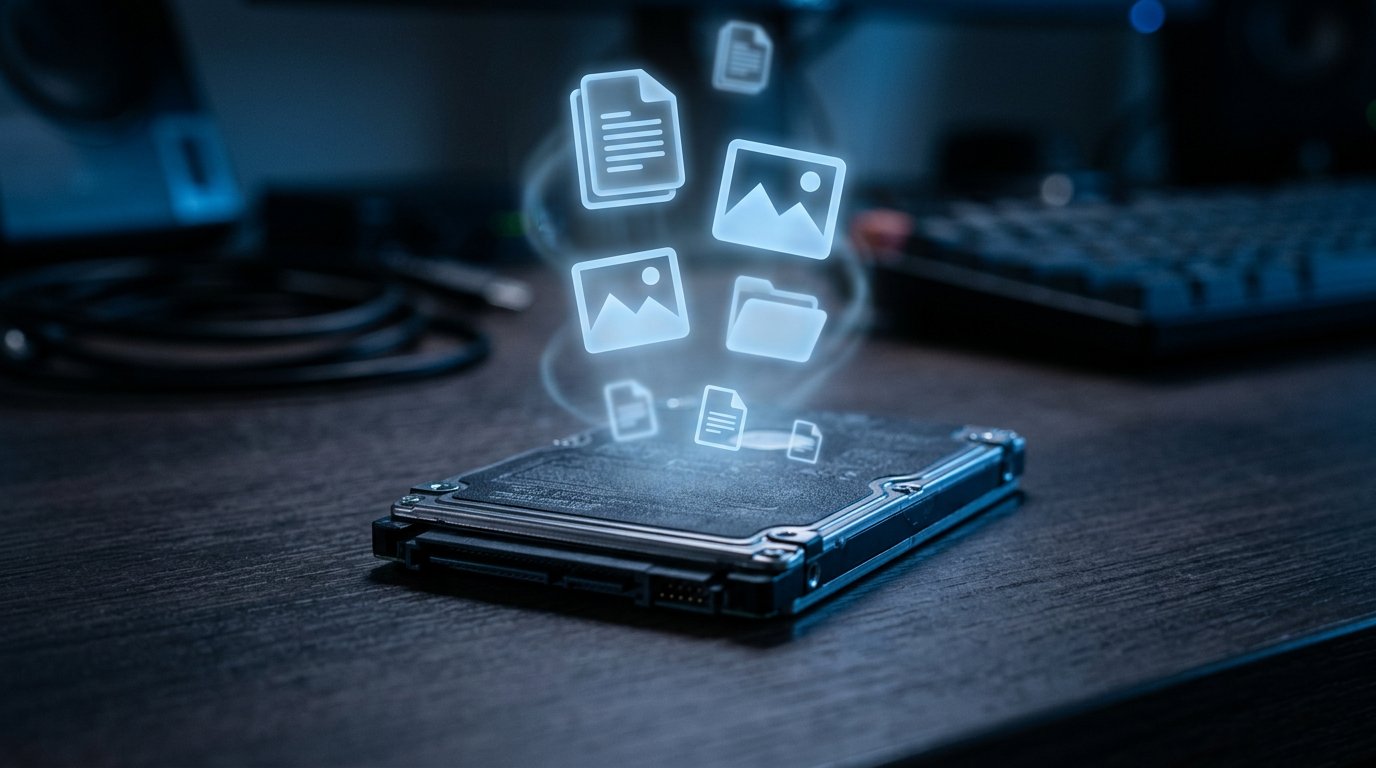 Translucent files rising from a hard drive, showing data remains after deletion